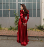 Elegante vestido de noche formal color burdeos con mangas largas Y4727