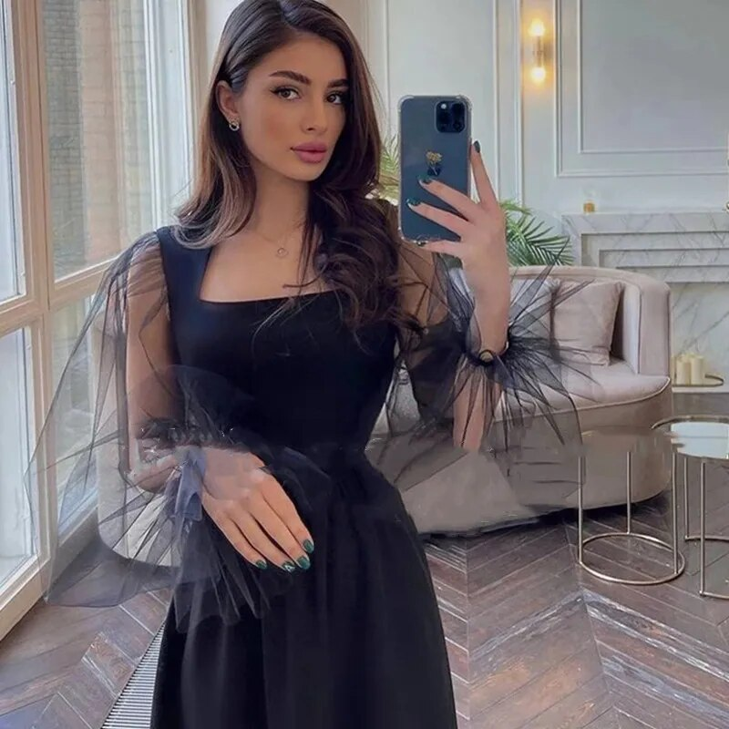 Robe de soirée élégante à manches longues et coupe trapèze, noire, col carré simple, pour femme Y4557
