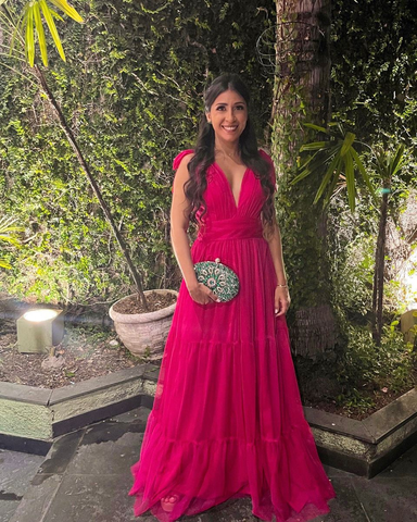 Elegante vestido de noche rosa fucsia con escote en V y corte en A Y5100