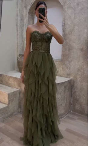 Gorgeous Green Tulle Beaded Long A Line Evening Dress Strapless Prom Dress Y8197