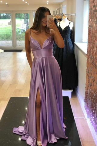 Robe de bal longue violette en satin à col en V, coupe trapèze simple, référence Y927