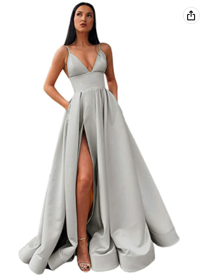 Robe de bal longue en satin à col en V fendu, bretelles spaghetti et poches S14431 
