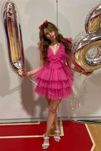 Cute Pink Ruffled Tiered Tulle Short Homecoming Dress Y1995