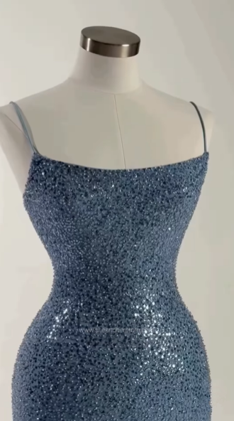 Precioso vestido largo de fiesta azul con lentejuelas y cuentas, corte sirena, vestido de noche formal Y8512