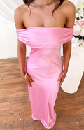 Vestido largo de noche de satén rosa con hombros descubiertos Y8093