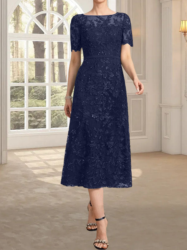 Robe de mère de la mariée en dentelle à sequins, coupe trapèze, décolleté illusion, longueur thé