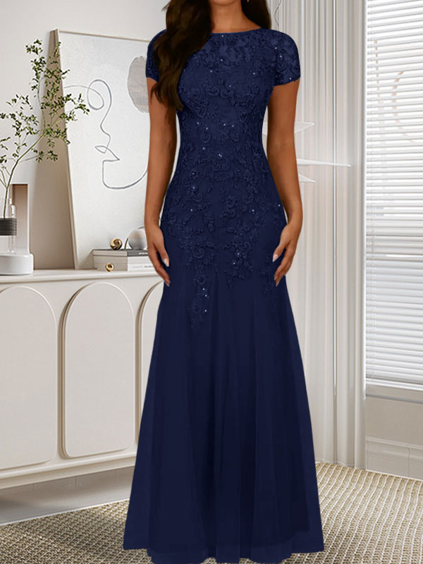 Robe sirène bleu marine foncé à sequins et tulle, décolleté rond, robe en tulle bleu marine foncé