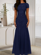 Robe sirène bleu marine foncé à sequins et tulle, décolleté rond, robe en tulle bleu marine foncé