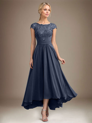 A-line Scoop Illusion Asymmetrical Lace Chiffon Mother of the Bride Dress With Pleated