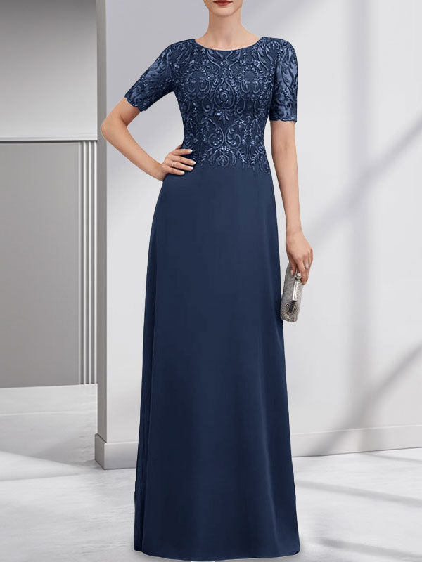 Vestido de novia de corte línea A, escote redondo, largo hasta el suelo, de encaje y gasa con lentejuelas.