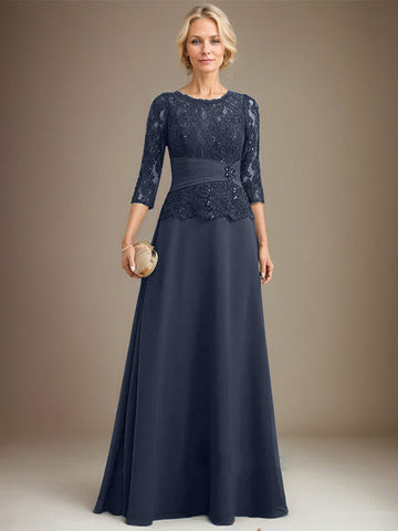 A-line Scoop Illusion Floor-Length Chiffon Lace Mother of the Bride Dress With Pleated Sequins Beading