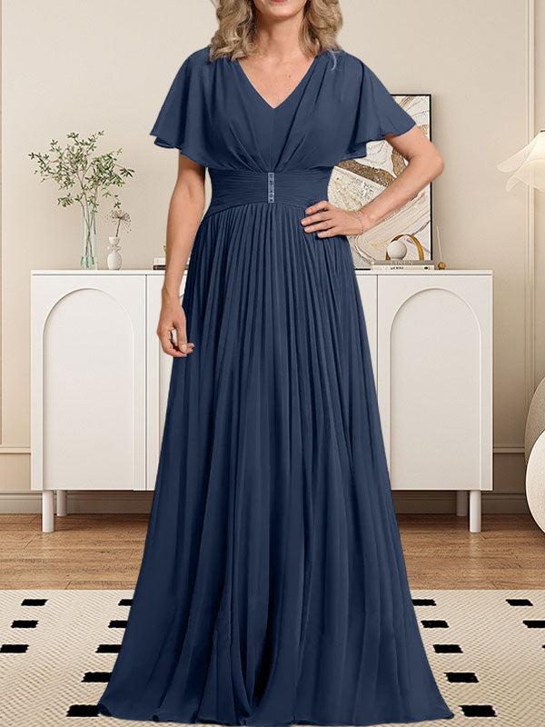 Vestido de gasa de corte A, escote en V, largo hasta el suelo, para la madre de la novia, con broche de cristal y pliegues. 