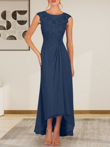Champagne A-Line Scoop Lace Chiffon Dress