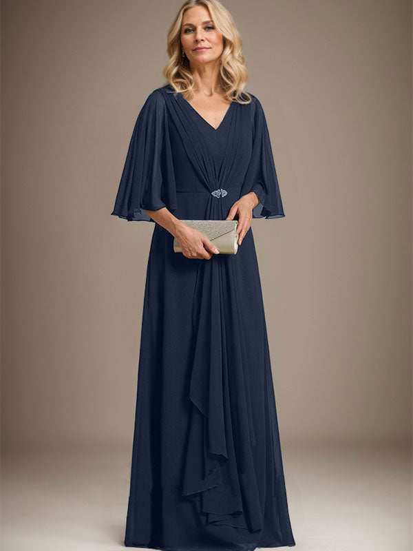 Vestido de corte A, escote en V, largo hasta el suelo, de gasa, para la madre de la novia, con volantes en cascada y broche de cristal. 