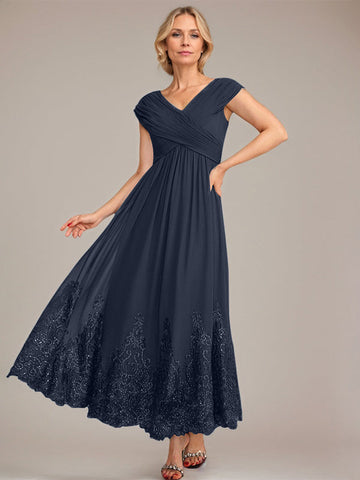 A-line V-Neck Ankle-Length Chiffon Mother of the Bride Dress With Applique Sequins