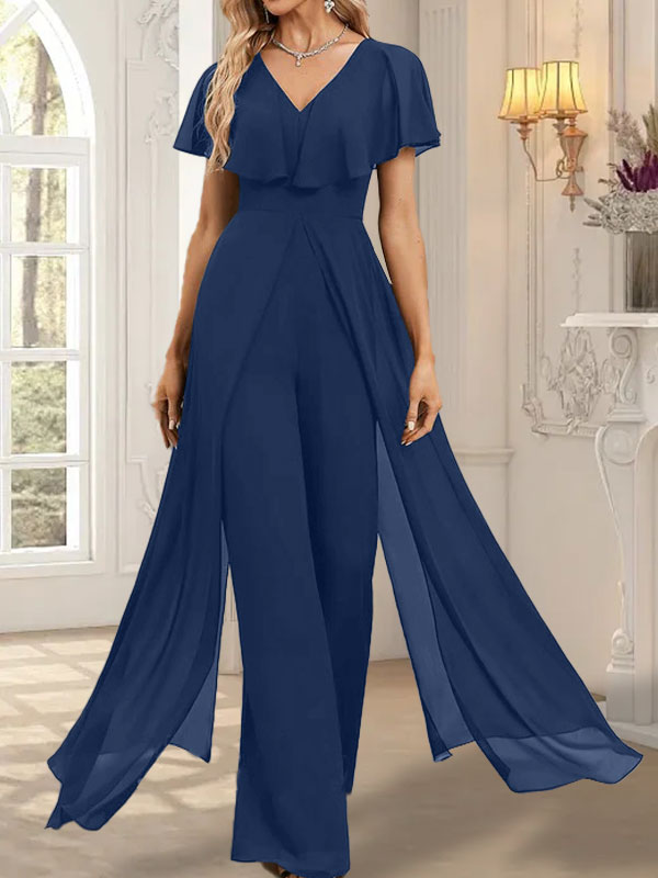Combinaison-pantalon robe de soirée longue en mousseline à col en V