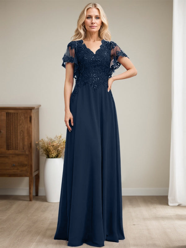 Vestido de novia de corte A, escote en V, largo hasta el suelo, de gasa de encaje con lentejuelas para la madre de la novia 