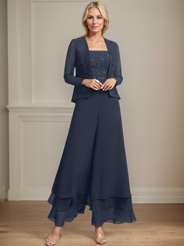 Conjunto de pantalón y chaqueta de dos piezas, corte cuadrado, largo hasta el tobillo, encaje, gasa, vestido de madre de la novia con lentejuelas 