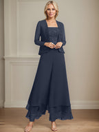 Conjunto de pantalón y chaqueta de dos piezas, corte cuadrado, largo hasta el tobillo, encaje, gasa, vestido de madre de la novia con lentejuelas 