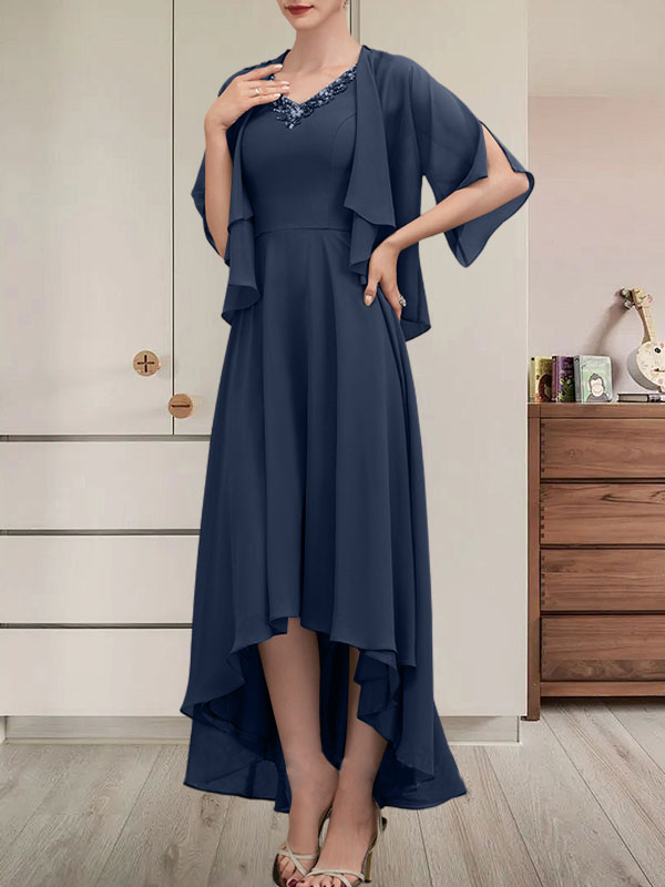 Vestido de corte A, escote en V, asimétrico, de gasa, para la madre de la novia, con lentejuelas y pedrería.