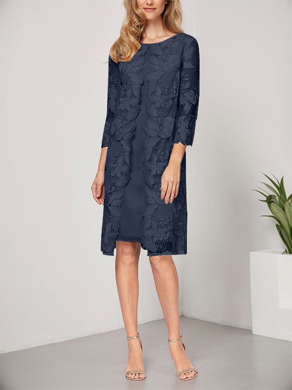 Vestido de corte A, escote redondo, largo hasta la rodilla, de gasa y encaje, para la madre de la novia, con chaqueta. 