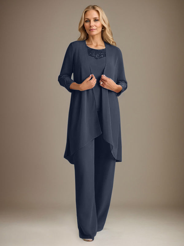 Tailleur-pantalon en mousseline à manches longues et col rond pour la mère de la mariée, avec veste 