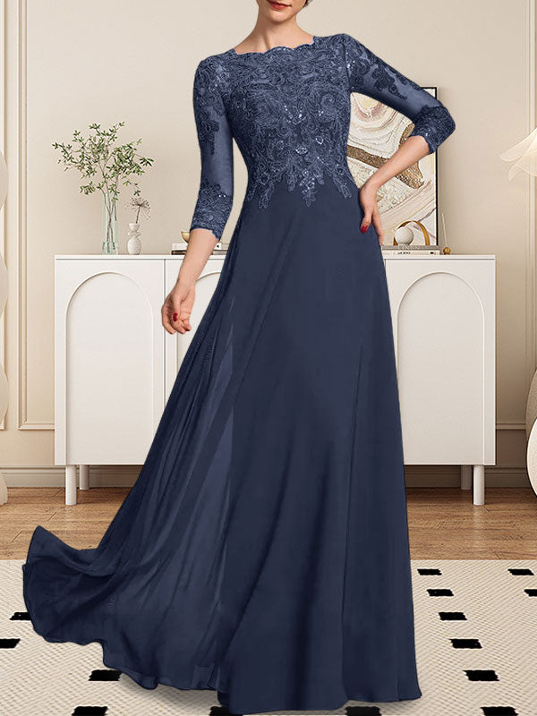Vestido de novia de corte línea A, escote redondo, largo hasta el suelo, de encaje y gasa con lentejuelas.