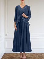 Vestido de corte A, escote en V, largo hasta el tobillo, de gasa, para la madre de la novia, con apliques de lentejuelas, encaje y pedrería.