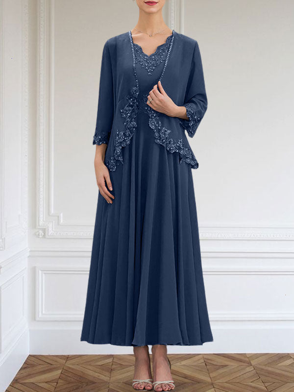 Vestido de corte A, escote en V, largo hasta el tobillo, de gasa, para la madre de la novia, con apliques de lentejuelas, encaje y pedrería.