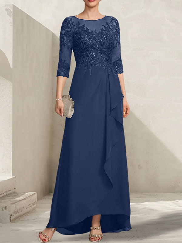 Vestido de madrina de la novia, corte asimétrico, escote ilusión, encaje y gasa, con lentejuelas y volantes en cascada.