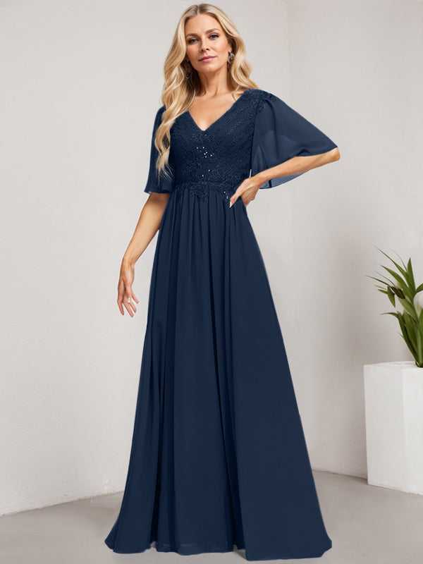 Vestido de novia de corte A, escote en V, largo hasta el suelo, de gasa de encaje con lentejuelas para la madre de la novia 