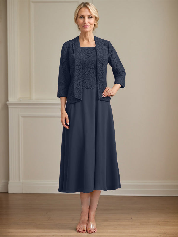 Vestido de corte A con escote redondo y largo hasta la rodilla en gasa de encaje para la madre de la novia 
