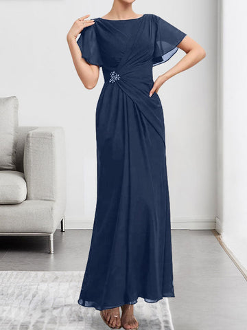 A-line Scoop Ankle-Length Chiffon Mother of the Bride Dress With Beading Pleated