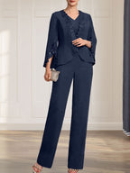 Combinaison/Tailleur-pantalon deux pièces, robe longue en mousseline à col V pour la mère de la mariée