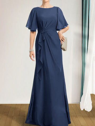 A-line Scoop Floor-Length Chiffon Mother of the Bride Dress With Cascading Ruffles Beading Sequins