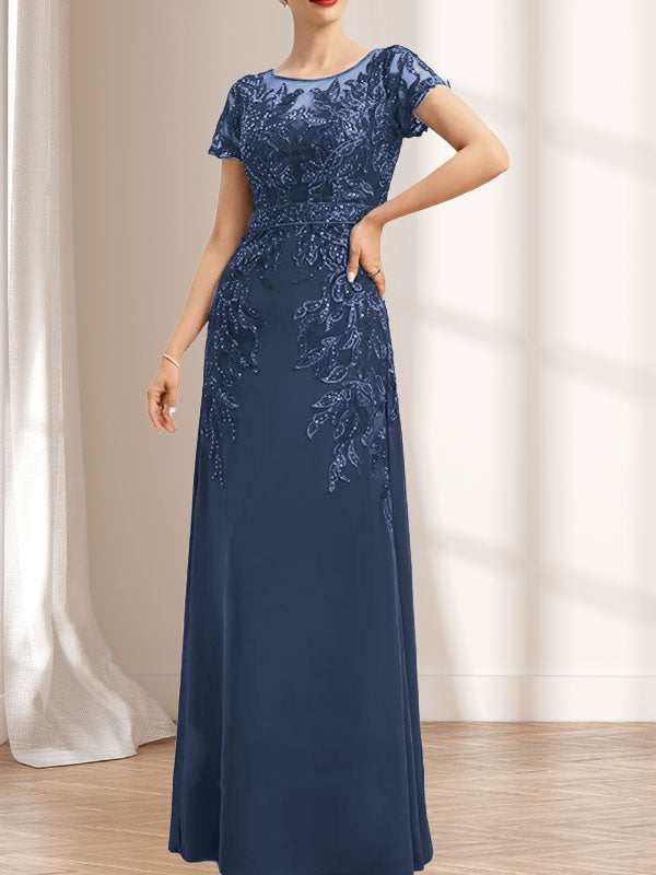 Vestido de novia de corte recto/columna, escote redondo, ilusión, largo hasta el suelo, de encaje y gasa con lentejuelas.