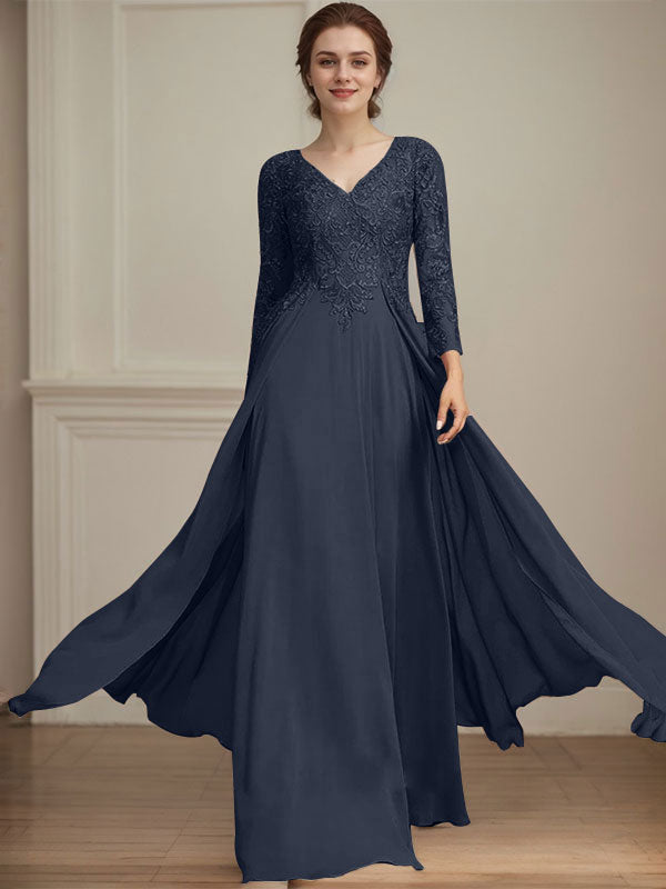 Robe de mère de la mariée en mousseline de dentelle, coupe trapèze, col en V, longueur au sol, ornée de sequins 