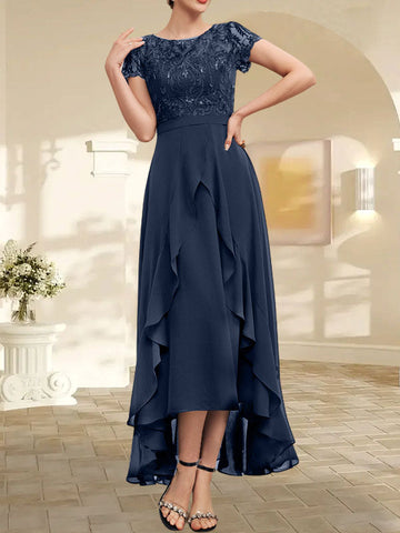 A-line Scoop Illusion Asymmetrical Chiffon Lace Mother of the Bride Dress With Bow Ruffle Sequins