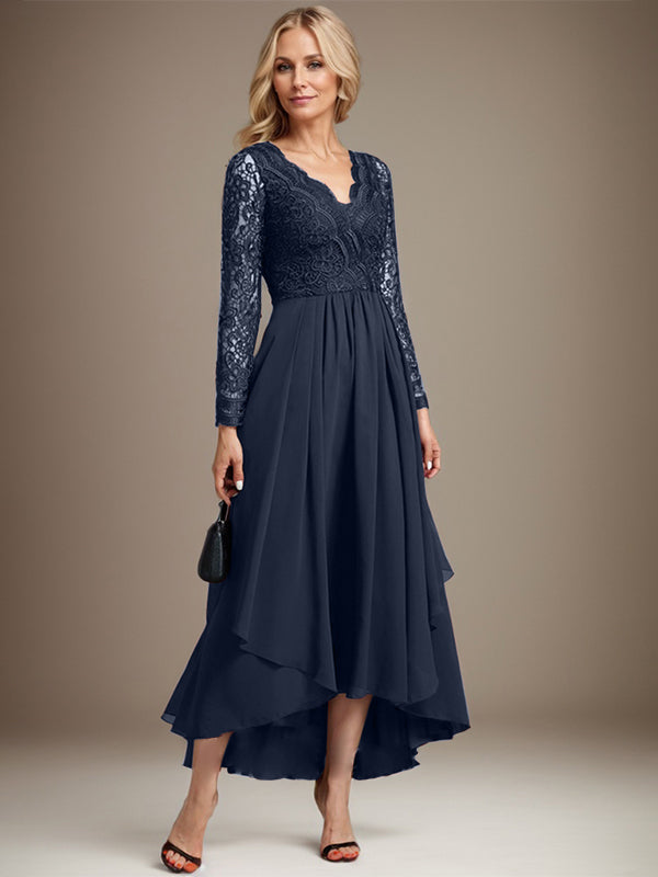 Vestido de novia de gasa con encaje asimétrico, escote en V y corte en A para la madre de la novia 