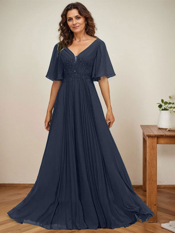 Vestido de corte A, escote en V, largo hasta el suelo, de gasa, para la madre de la novia, con apliques de lentejuelas y encaje plisado. 