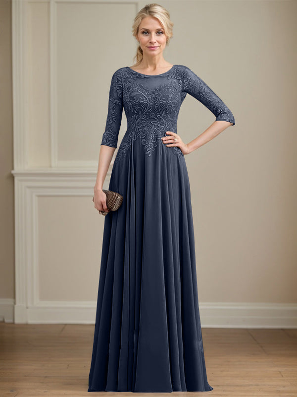 Robe de mère de la mariée en mousseline de dentelle, coupe trapèze, décolleté illusion, longueur au sol, ornée de sequins 