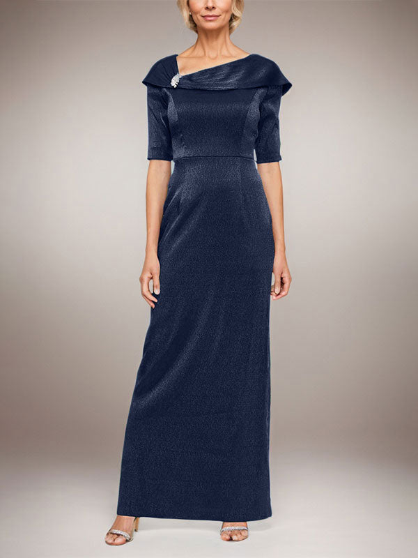Vestido largo columna brillante con puño doblado, escote en L y mangas al codo