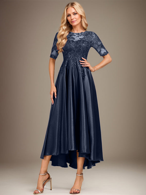 Robe de mère de la mariée asymétrique en satin stretch dentelle et dentelle, coupe trapèze, effet illusion, ornée de sequins 