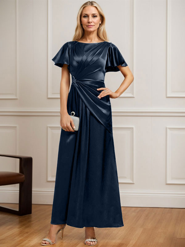 Robe de mère de la mariée en satin stretch, coupe trapèze, longueur cheville, décolleté rond et ornée de perles plissées 