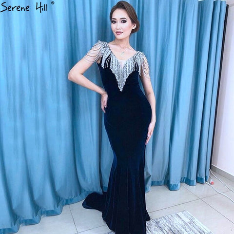 On Sale no return no refundSale Navy Blue Beading Tassel Velour Evening Dresses 2025 Dubai Deep-V Sleeveless Sexy Evening Gowns LA6351