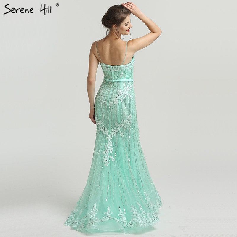 On Sale no return no refundSale Navy Blue Luxury Mermaid Lace Elegant Evening Dresses Spaghetti Strap Beaded 2025 For Women Party LA6105