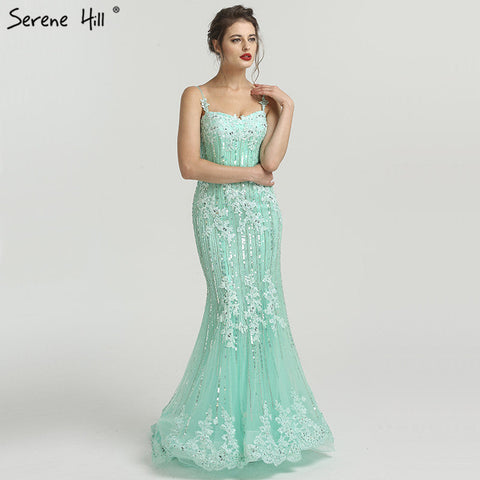 On Sale no return no refundSale Navy Blue Luxury Mermaid Lace Elegant Evening Dresses Spaghetti Strap Beaded 2025 For Women Party LA6105