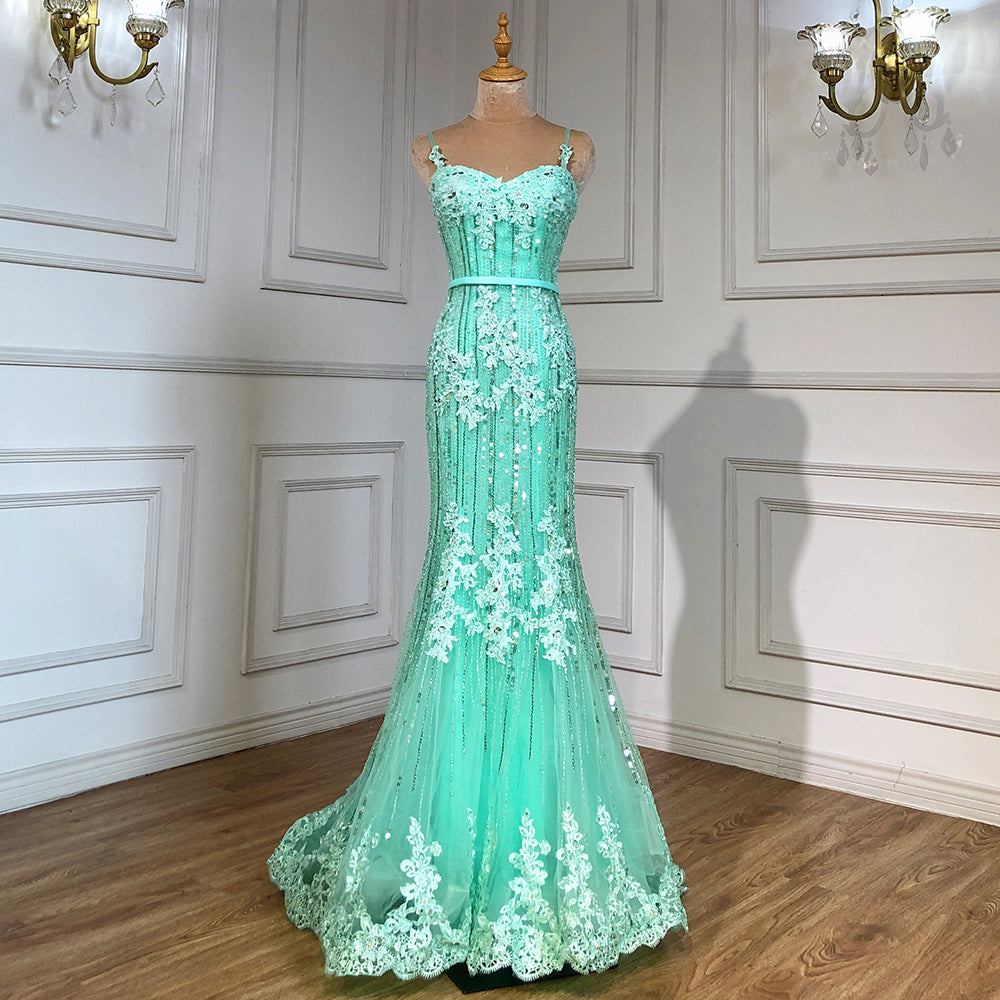 On Sale no return no refundSale Navy Blue Luxury Mermaid Lace Elegant Evening Dresses Spaghetti Strap Beaded 2025 For Women Party LA6105