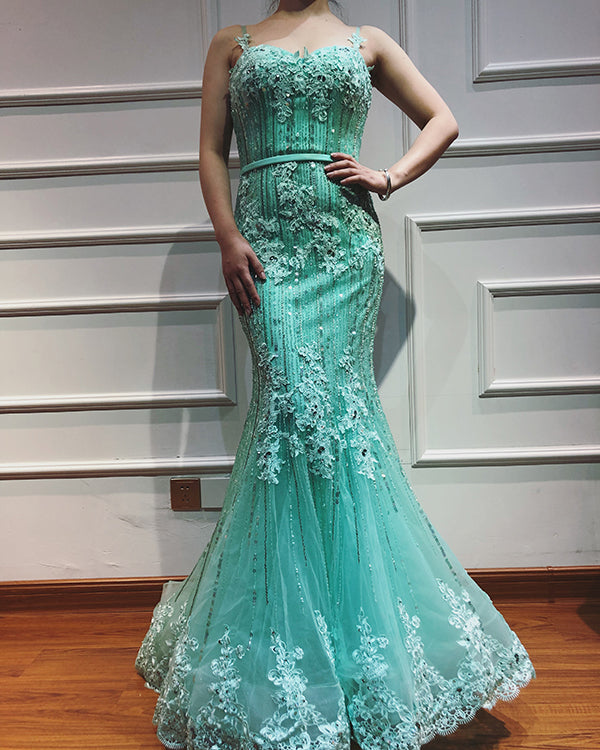 On Sale no return no refundSale Navy Blue Luxury Mermaid Lace Elegant Evening Dresses Spaghetti Strap Beaded 2025 For Women Party LA6105