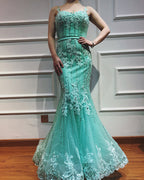 On Sale no return no refundSale Navy Blue Luxury Mermaid Lace Elegant Evening Dresses Spaghetti Strap Beaded 2025 For Women Party LA6105